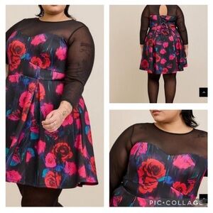 NWT TORRID DRESS - MESH ILLUSION MINI - SCUBA FLORAL‎ PRINT - LACED BACK POCKETS